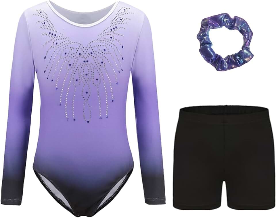 Dreiteilige Gymnastikanzug Mädchen Turnanzug Leotard Set mit Turnshorts und Haarband, Langarm Ballettröckchen Kleid Trikotanzug Outfit Set