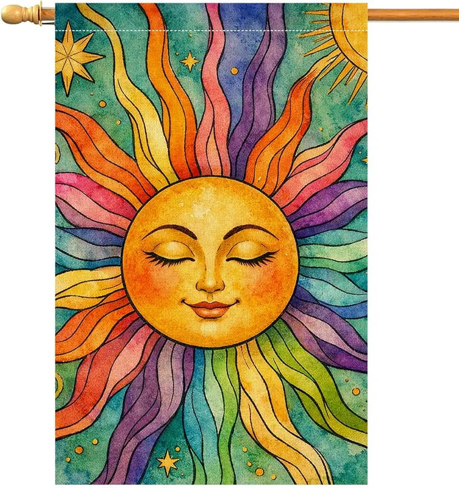 Summer Sunshine House Flag 28x40 Watercolor Boho Sun Yard Decor