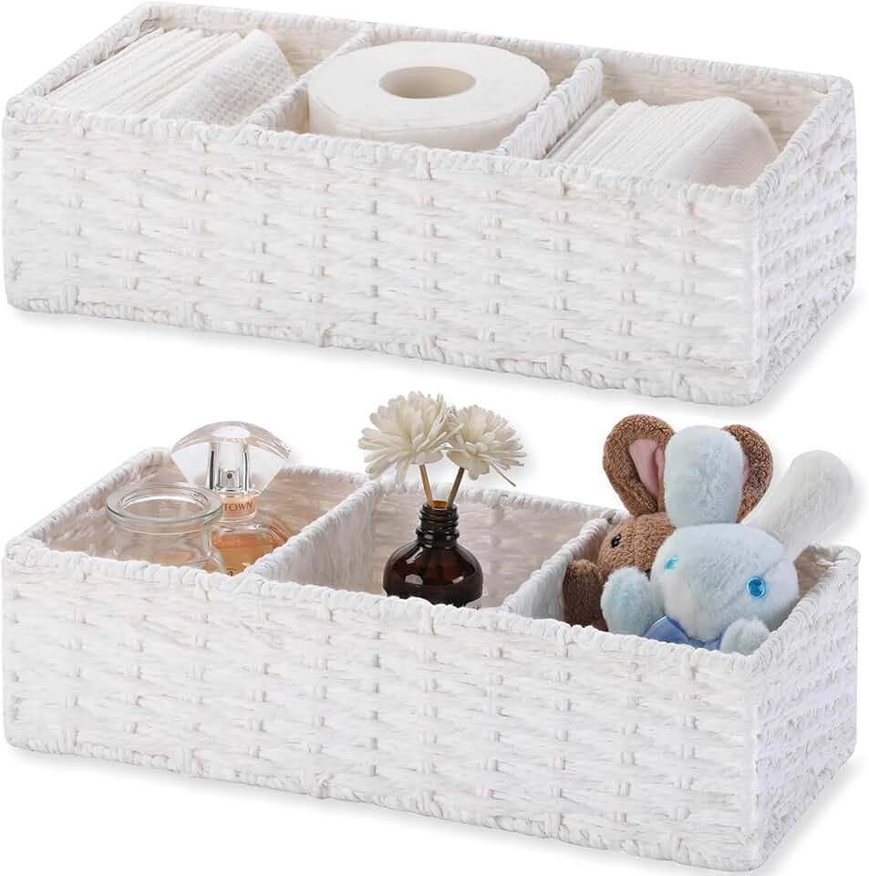 Vagusicc 3 Section Wicker Storage Basket, White Wicker Baskets for Storage, Toilet Tank Basket, Small Baskets for Organizing for Shelves, 2-Pack