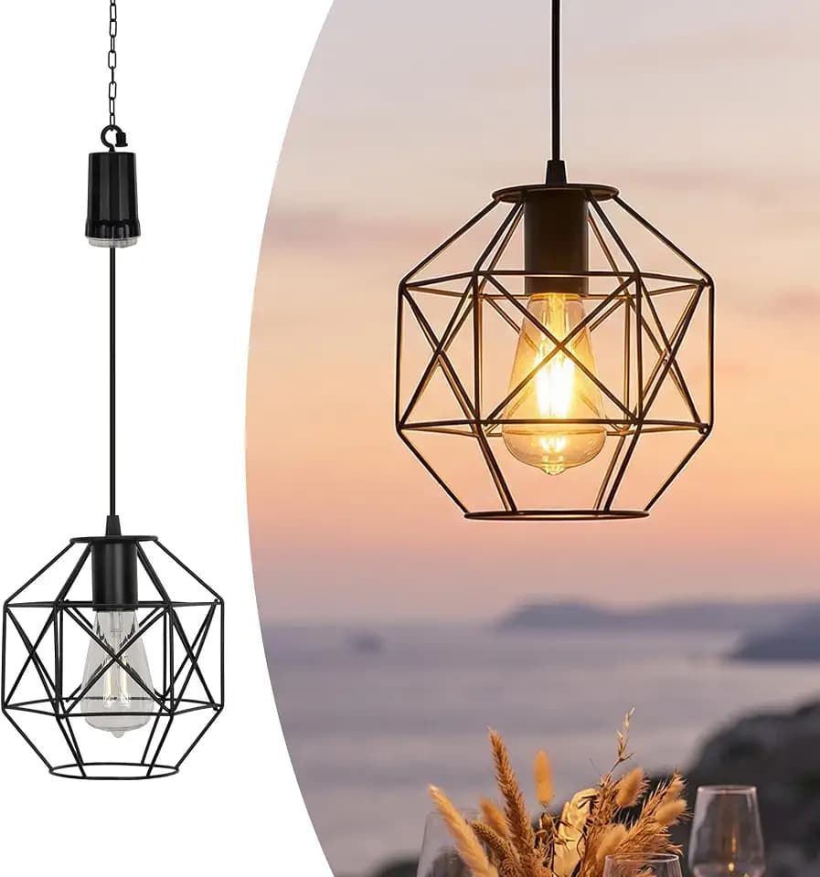 Battery Operated Hanging Lantern, Metal Pendant Timer Light Waterproof