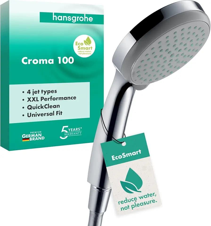 hansgrohe Croma 100 - Duschkopf, Handbrause mit 4 Strahlarten, runde Duschbrause (100 mm), Brausekopf mit Antikalk-Funktion, Chrom, 28535000