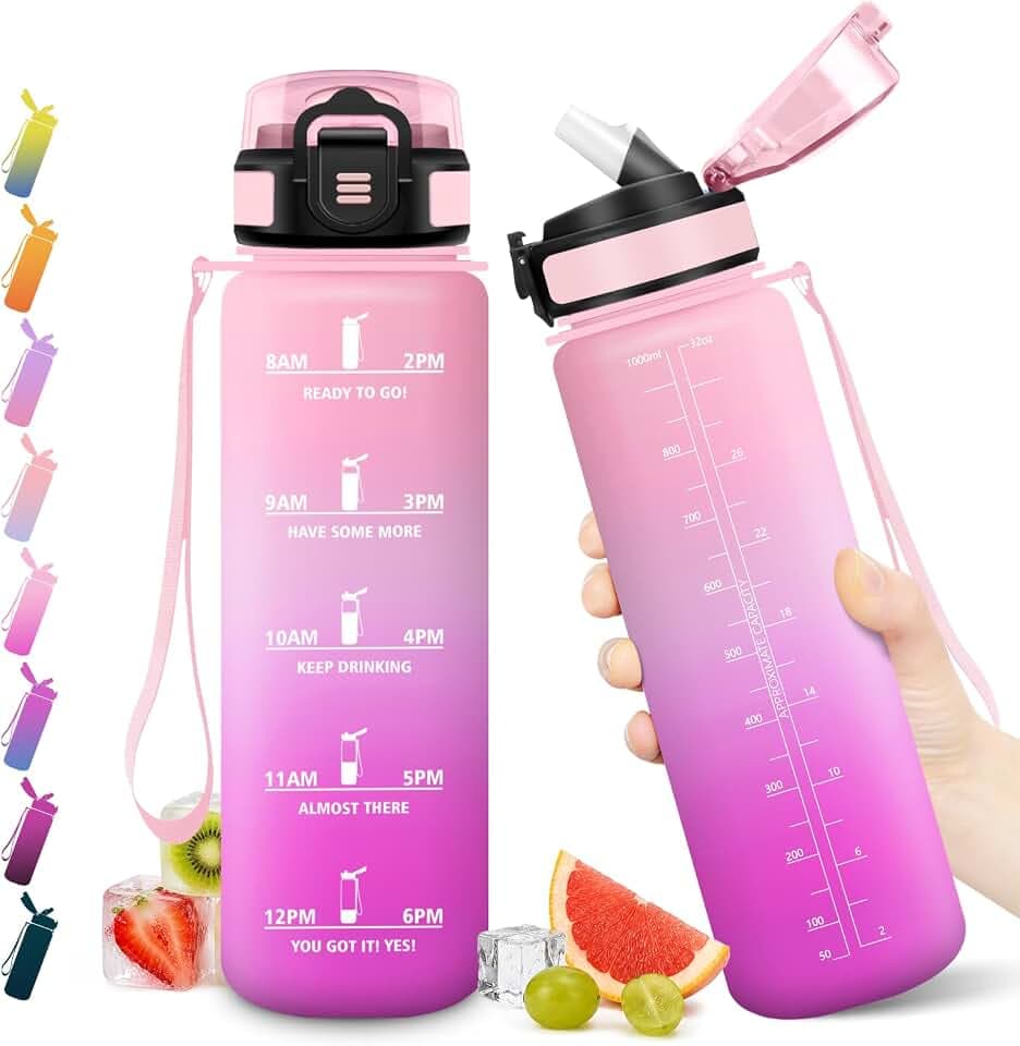 Sportflasche 1L, Trinkflasche mit Strohhalm, Kohlensäure Geeignet, Auslaufsicher, Wasserflasche mit Zeitmarkierung, für Camping, Büro, Fitness, Gym, Yoga