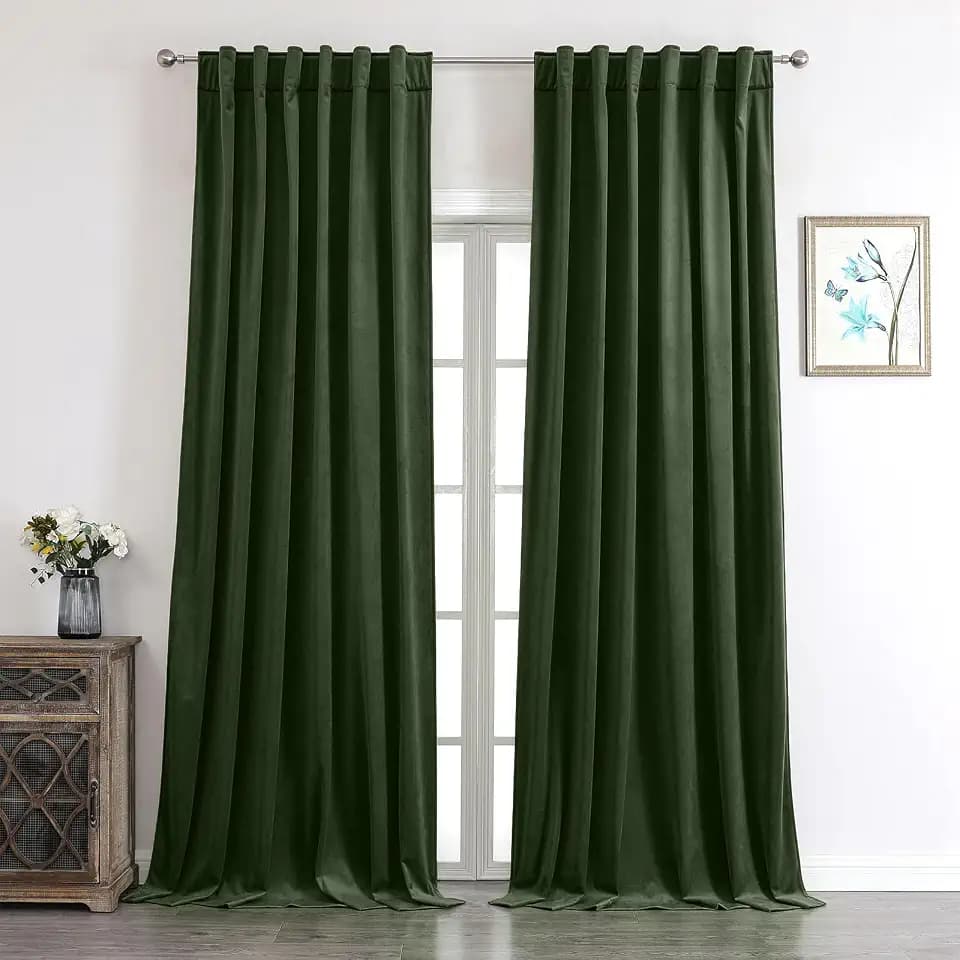 Benedeco Olive Green Velvet Blackout Curtains 52x90, Back Tab, 2 Panels