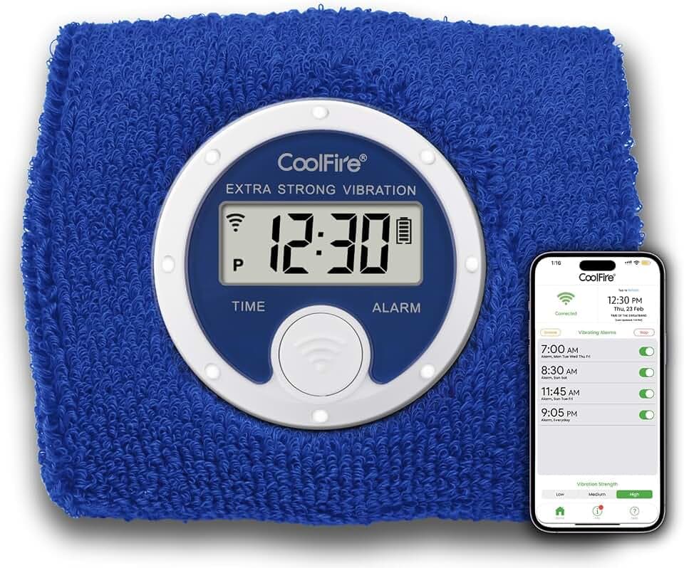 Coolfire Vibrating Alarm Clock Wristband, Silent Wake-Up Watch for Heavy Sleepers, Won’t Disturb Partner, Couples/Roommates, Deaf/Hearing Impaired, 4 Alarms, Bluetooth App, Rechargeable (Blue)