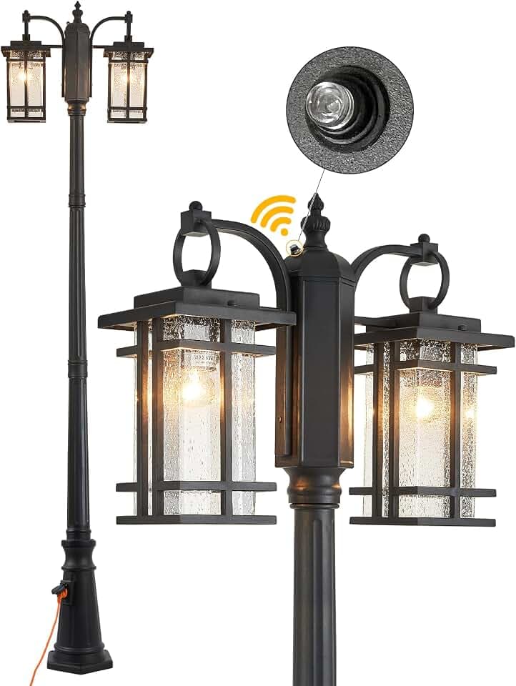 Retro Double Head Outdoor Post Light Dusk to Dawn Post Lamp with Outlet IP65 Waterproof Street Light Fixture 2 Light Outdoor Lamp Post Lights Pole Mount Light with Clear Seeded Glass 86.6" H