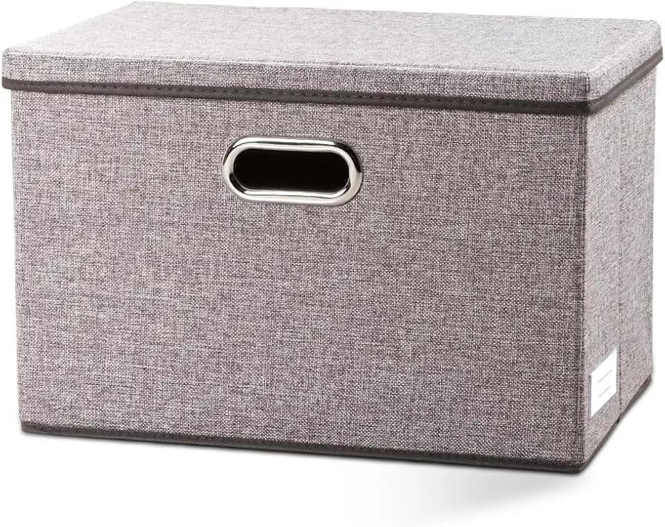 PRANDOM Large Foldable Storage Bin with Lid [1-Pack] Linen Fabric Decorative Storage Box Organizer Containers Basket Cube with Handles Divider for Bedroom Closet Office Living Room (17.7x11.8x11.8)