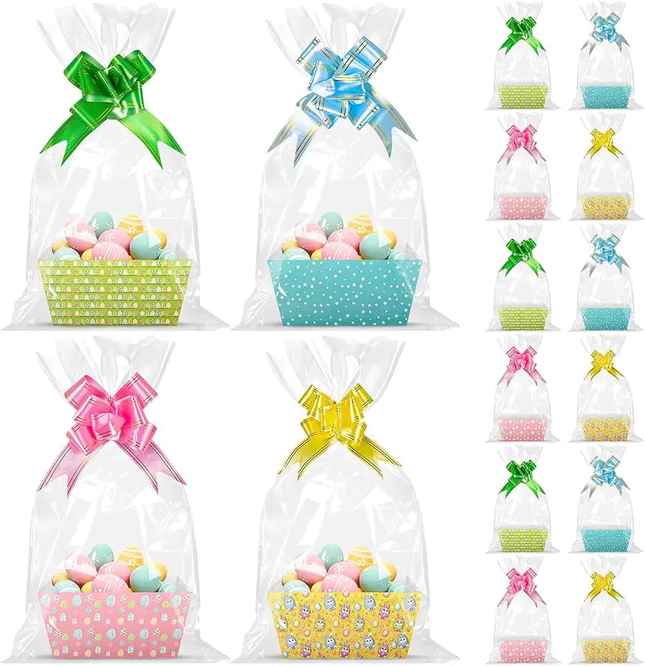 ysmile 12 Pack Empty Easter Gift Basket Bulk with Cellophane Bags and Ribbons Bows Bunny Egg Party Decorations