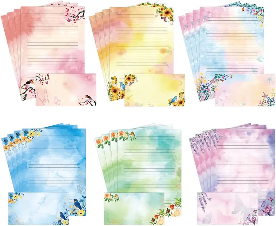 Liniertes Briefpapier und Umschläge, A4-Größe, Blumenmuster, Vogel, Aquarell-Schreibwaren-Set mit liniertem Briefpapier – 48 Blatt + 24 Umschläge