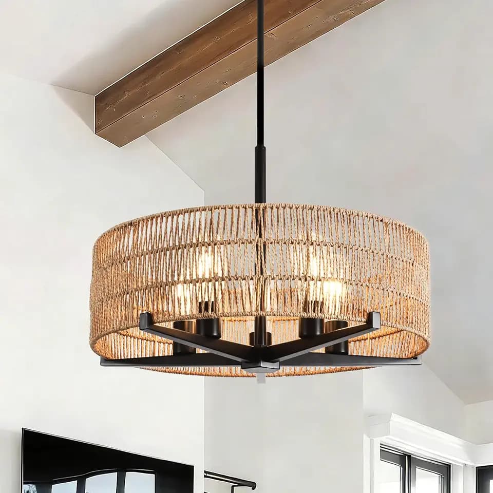 5-Light Boho Hand Woven Rattan Farmhouse Pendant Chandelier