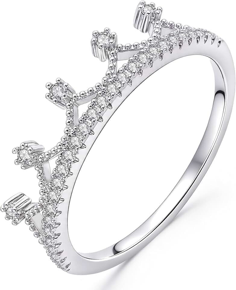 Crown Moissanite Ring for Women, 18K White Gold Plated Wedding Promise Ring, Stackable Princess Crown Ring Elegant Jewelry Size 5-11