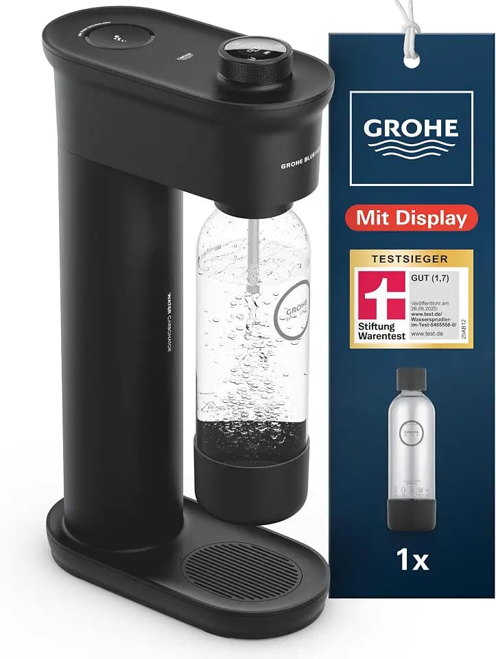GROHE Blue Fizz, Wassersprudler Starter Set (mit CO2-Füllstandsanzeige, 3 einstellbare Sprudel-Stufen, ohne CO2 Flasche, 1x 0,85l Wasserflasche + Reinigungspulver), schwarz, 31947K00