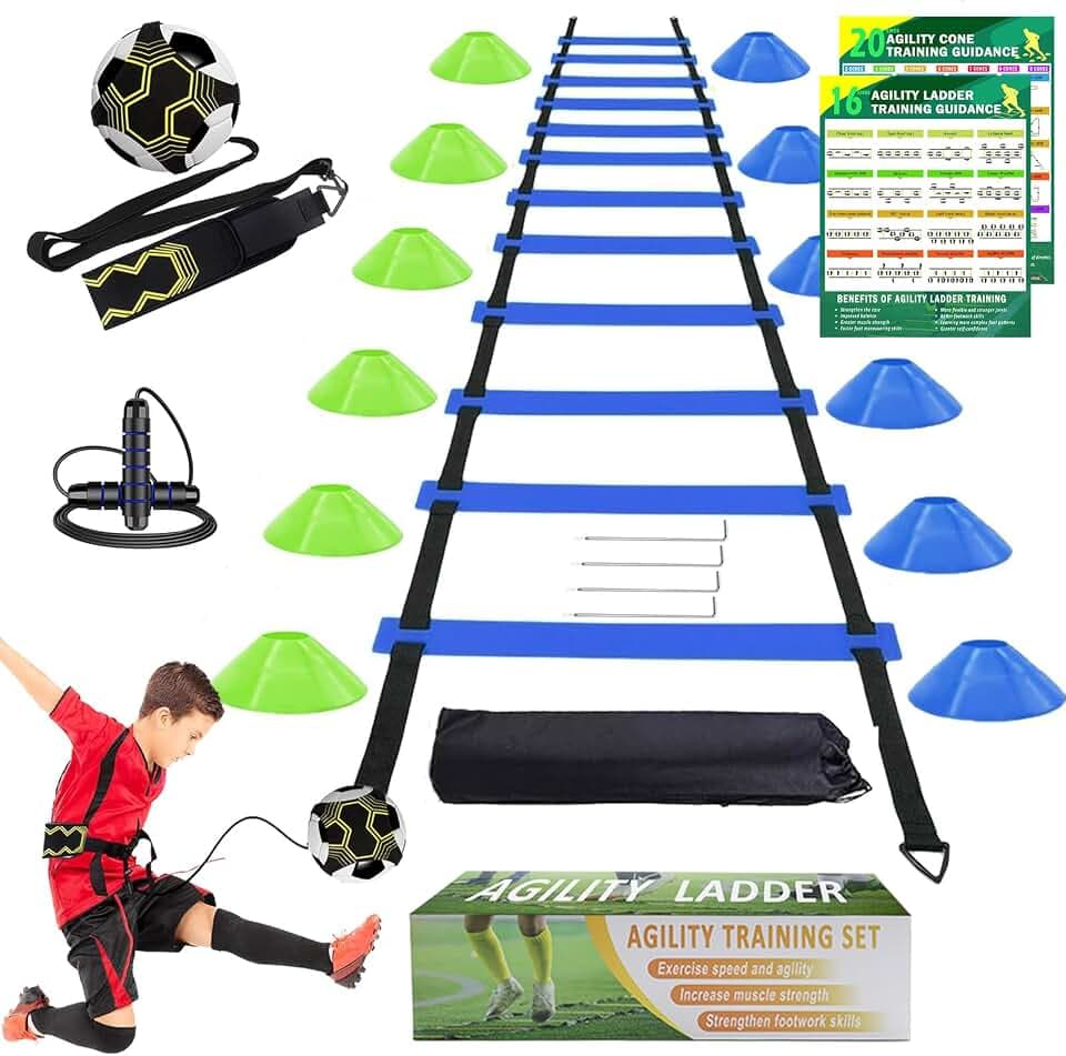 Fussball Trainingszubehör, 6m Koordinationsleiter, 12 Hütchen, Fußballtrainer und Springseil, Fussball Trainingsset Sachen, Fußball Geschenke für Jungs Kinder