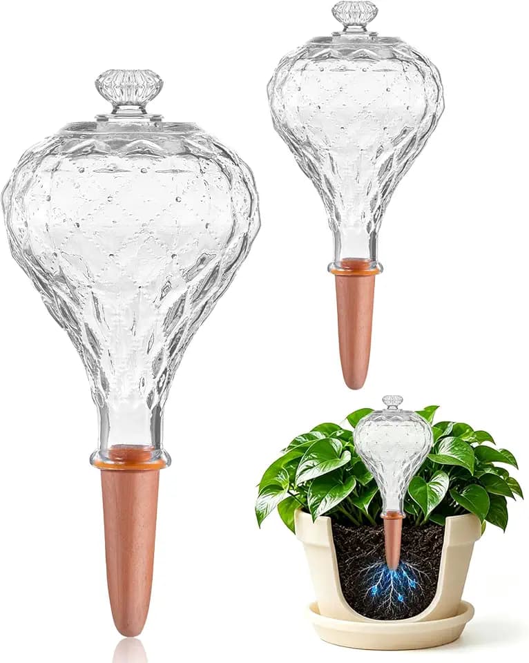 12 oz Plant Watering Globes, Clear Glass Self Watering Bulbs Top Fill with Terracotta Spikes Stake, Self Watering Planter Insert Vacation Automatic Plant Waterer Device for Indoor & Outdoor 2Pack