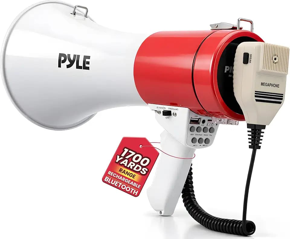 Pyle 50W Portable Megaphone Bullhorn with Bluetooth, USB/TF Card Reader, Type-C Rechargeable Battery, 260s Recording Siren Alarm, Handheld PA System for Events, Sports, Schools and Crowd Control