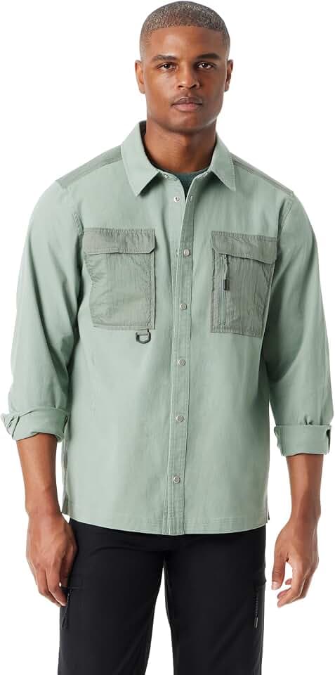 BASS OUTDOOR Men's Stretch Worker Snap Front Shacket With Double Chest Pockets Standard
