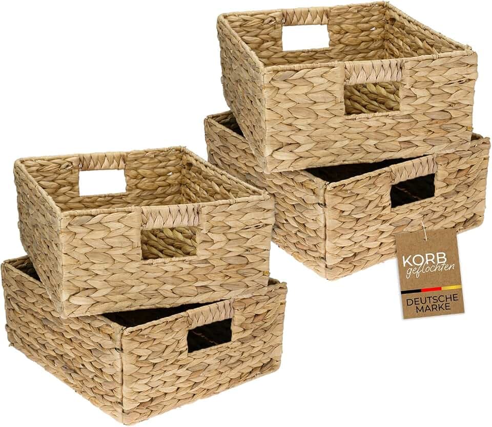 HMF Aufbewahrungskorb passend für KALLAX Regal halbes Fach, Korb geflochten aus Wasserhyazinthe mit Griffen, 4er Set, 30 x 34 x 15 cm, Naturfarben