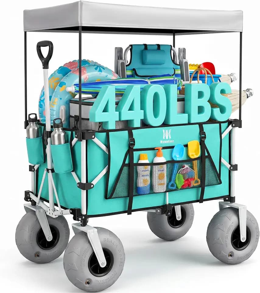 Navatiee Beach Wagon with Big Balloon Wheels for Sand, 200L Extra Large Beach Cart with Canopy, 440Lbs Heavy Duty Folding Wagon Collapsible with 9" Tires & Side Pocket for Beach, Outdoor, Light Blue