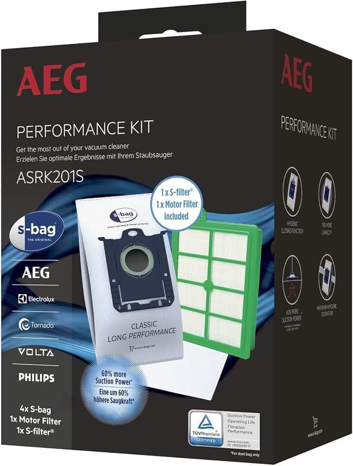 AEG ASRK201S S-Bag Performance Kit, 4X S-Bag Staubbeutel Classic Long Performance, 1x S-Filter Hygienefilter Waschbar, 1 x Motor Filter, Hohe Saugleistung, Hygieneverschluss, Beutelsauger
