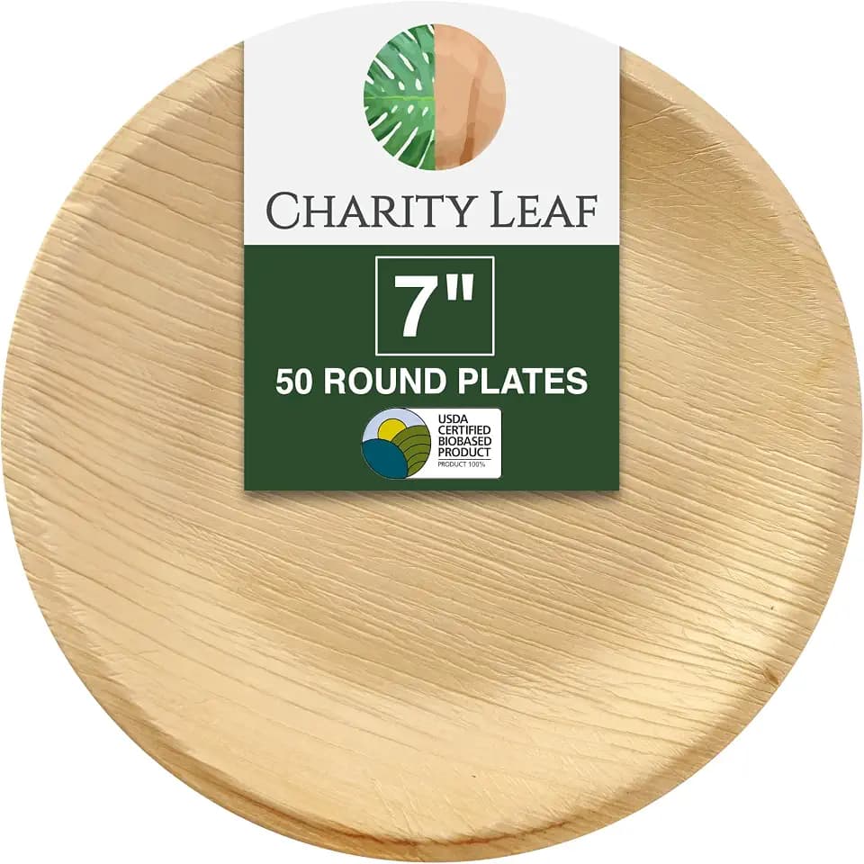 Charity Leaf Disposable Bamboo 7" Round Plates (50 pieces) Bamboo Serving Platters, Disposable Boards, Eco-Friendly Dinnerware For Weddings, Catering, Events