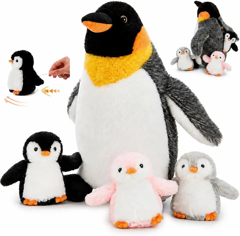 Penguin Plush with 3 Babies, 14 Inch Wind Up Stuffed Animal Set