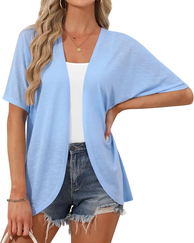 Womens Kimono Cardigans Open Front Short Sleeve Lightweight Beach Cover Up Casual Summer S-2XL