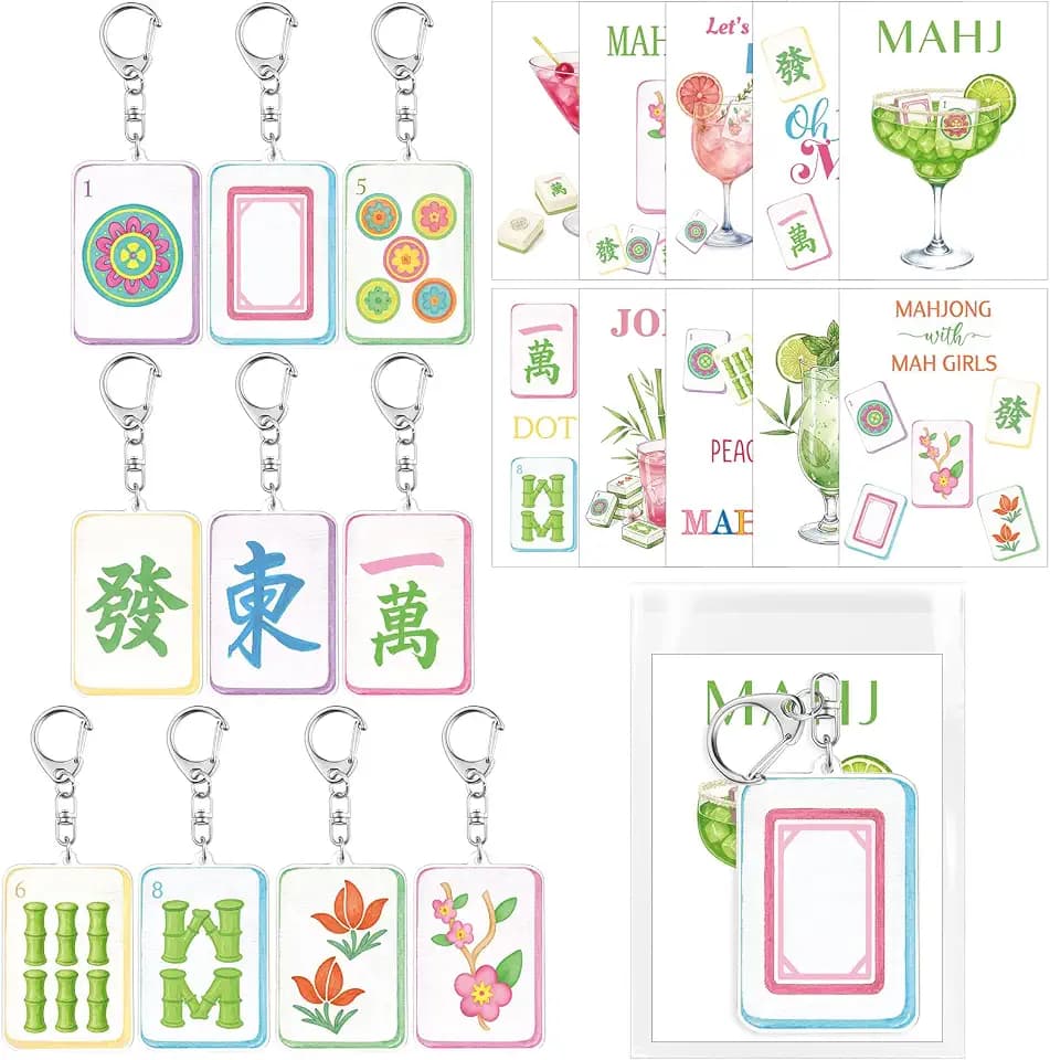 Kigeli 20 Sets Acrylic Mahjong Tile Keychains with Cocktail Card, Gift Bags