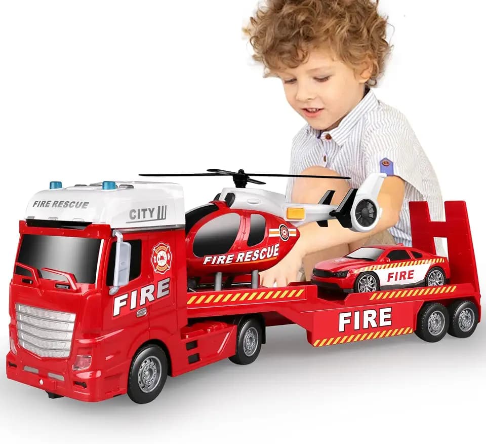 Dwi Dowellin 25.6" Semi Truck Toy with Racing Car and Helicopter for Kids - Fire Toys,Birthday Gifts for Boy Toddler Child 3 4 5 6 Years Old