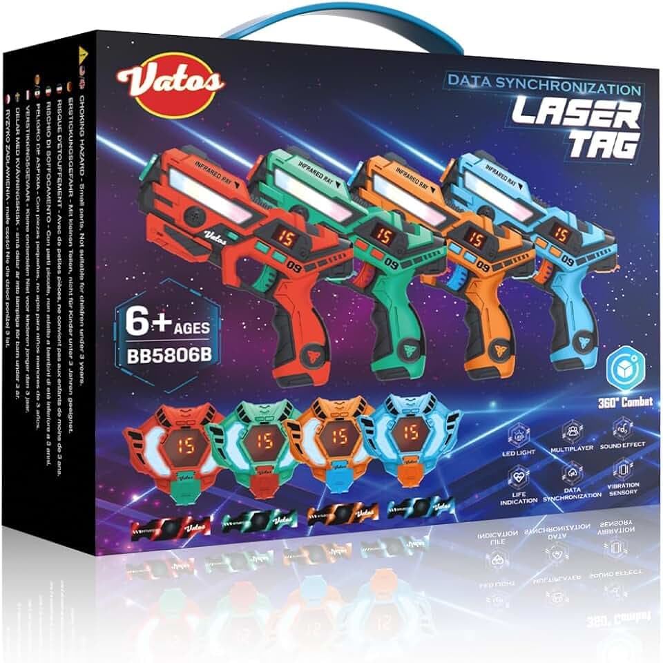 VATOS Laser Tag 360° Sensors Set of 4 Players, 2.4GHz Rechargeable Infrared Real-time Data Display Laser Tag, Fun Family Group Activity Game Toy for Kids Teenage Gifts Age 6+