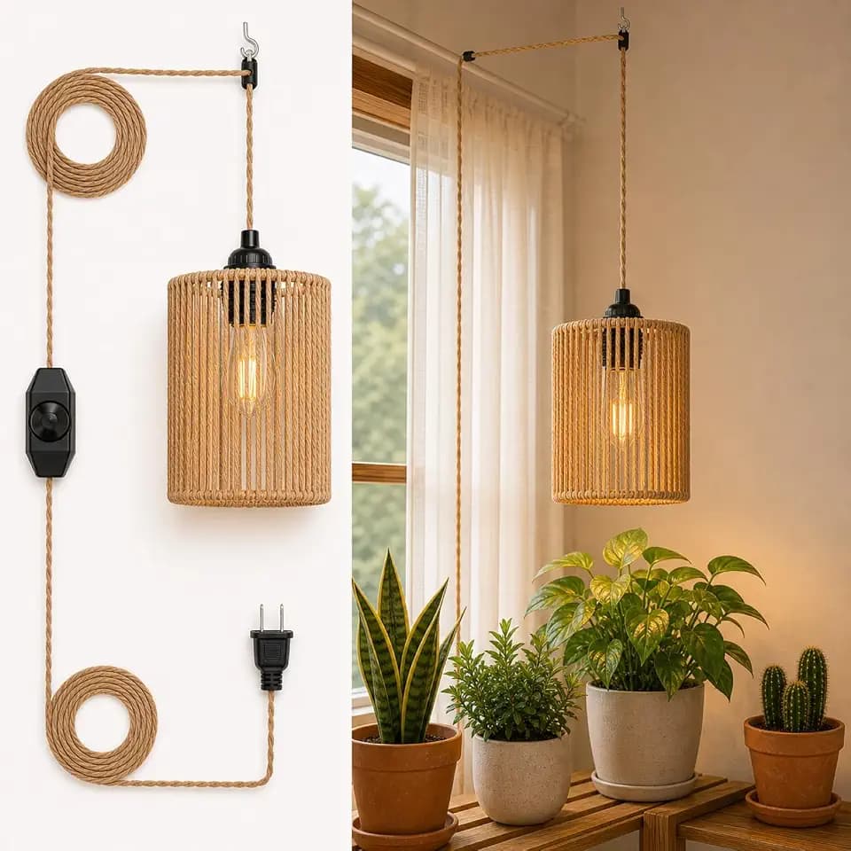 Rattan Pendant Light Plug in - Dimmable Vintage Pleated Hanging Lamp 15FT Hemp Rope Cord with LED Bulb, Hand Woven Wicker Shade for Bedroom Living Room Farmhouse Decor, Beige