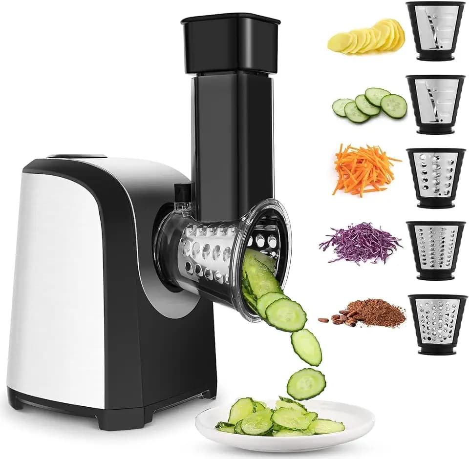 Gemüseschneider Elektrisch 150W - Profi 5-in-1 Gemüsehobel Multireibe mit 5 Schneidetrommeln für Küche, Obst, Gemüse, Käse