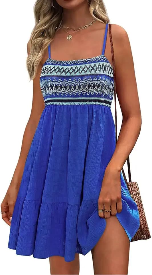PRETTYGARDEN Womens Summer Dresses 2026 Paisley Spaghetti Strap Sleeveless Smocked A Line Boho Mini Dress with Pockets