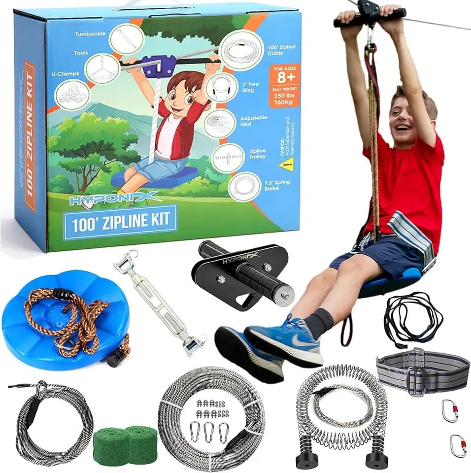 Hyponix Zip Line Kit for Backyard Kids and Adults 100 ft, Up to 350 Lbs