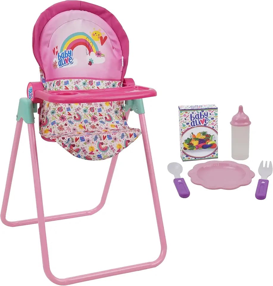 Baby Alive 509 Crew Doll High Chair Set - Pink & Rainbow - 6 Pieces, Fits Dolls Up to 24", Highchair w/Front Feeding Tray & 5 Feeding Accessories, Pretend Play for Kids Ages 3+