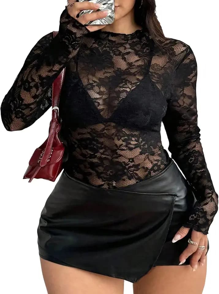 SHENHE Women's Plus Size Lace Mesh Floral Tops Long Sleeve Sheer Sexy Tops