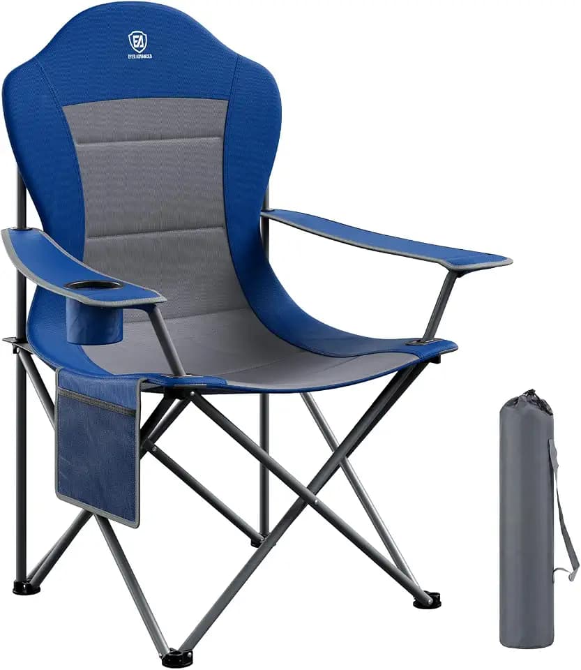 EVER ADVANCED High Back Folding Camping Chair Oversized and Fully Padded, Portable Quad Camp Lawn Chair Up to 300 lbs, with Cup Holder Armrest Carrying Bag
