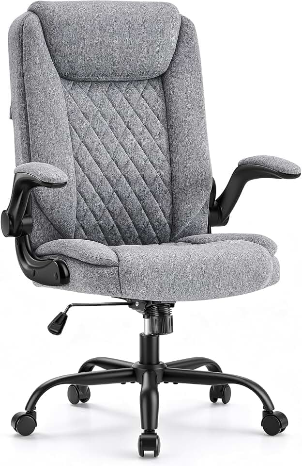 CASTLOVE Ergonomischer Schreibtischsessel, Bequemer Bürostuhl, Büro, Grau | 150 kg belastbar, Atmungsaktiver Stoffbezug, Dick gepolsterter Sitz & Kopfstütze, Klapparmlehnen – platzsparend, Hochlehne