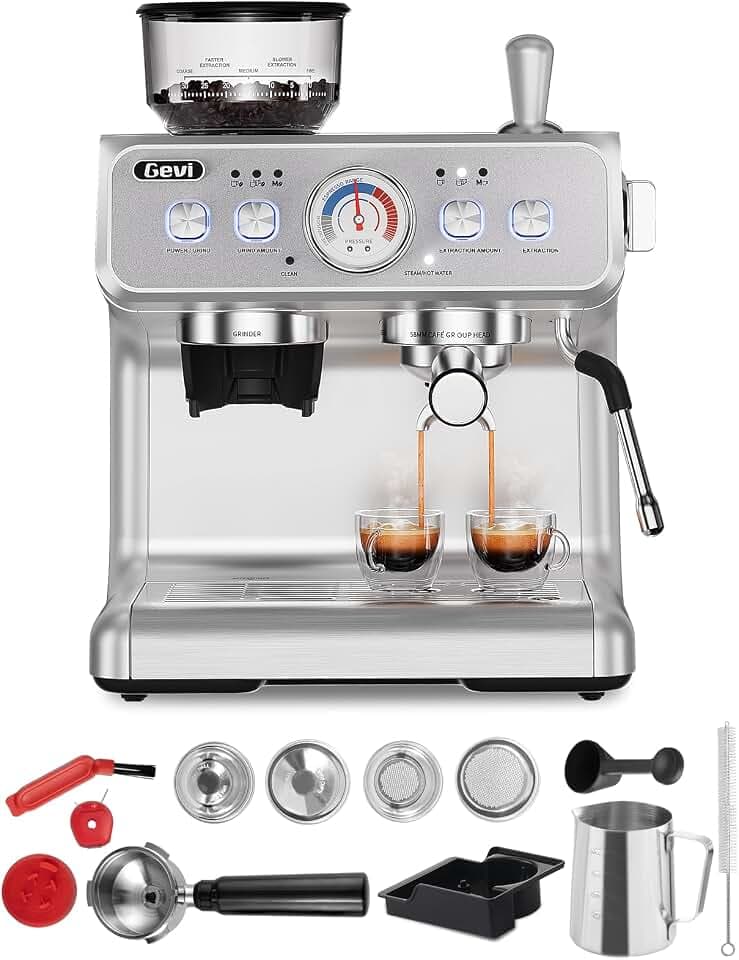Gevi 2025 Upgrade Siebträger Kaffeemaschine mit Integrierter Kaffeemühle，Dual Boiler Professionelle Espressomaschine，30 Mahlgrade, 20 Bar, 2.8L Wassertank, Edelstahl Barista Kaffeemaschine