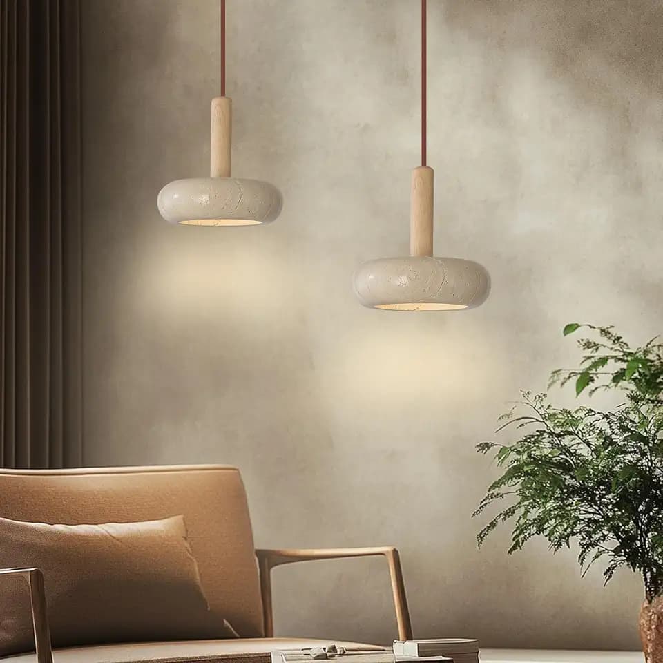 9.1inch 2PCS Japanese Wabi-sabi Style Travertine Pendant Lamp LED Natural Stone Shade Pendant Light Wood Bedroom Bedside Hanging Light 3000K for Living Dining Room Table