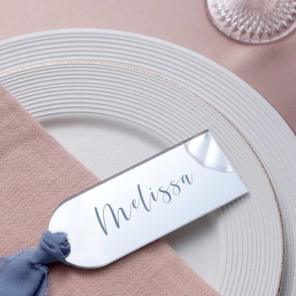 UNIQOOO 20 Pcs Mirror Silver Acrylic Place Cards, 3.9x1.6 inches DIY Blank Hanging Tags, Perfect for Wedding Table Decor, Birthday, Centerpiece, Decoration, Party, Anniversary, Event