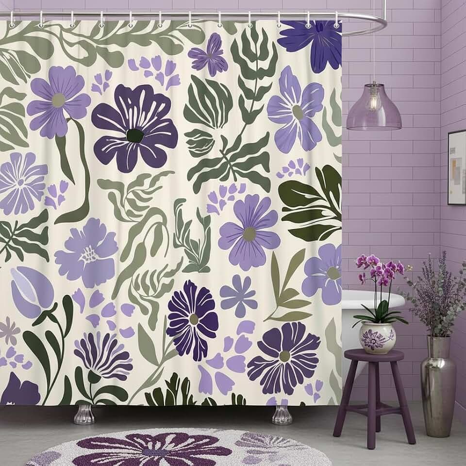 Boho Floral Botanical Shower Curtain, Cute Purple Abstract Mid Century Morden Flowers Leaves Plant Bathroom Curtain, Spring Summer Retro Funky Aesthetic Bathroom Decor Shower Cutain Sets, 70X70IN