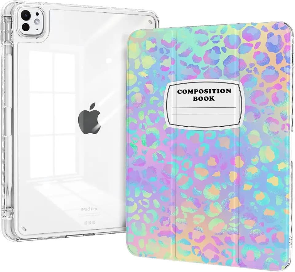 Slim Case for iPad Pro 11 inch M5/M4 Chip, iPad Pro 11 6th/5th Gen 2025/2024 Case with Pencil Holder, Trifold Stand, Shockproof Clear Back Cover, Leopard Composition Book