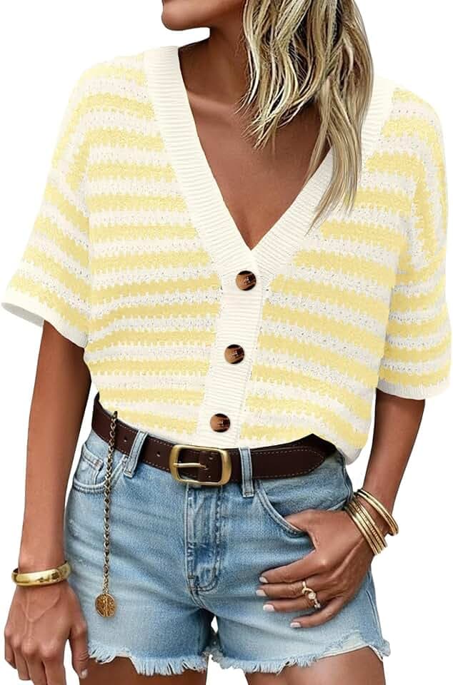 Saodimallsu Womens Striped Short Sleeve Cardigan Button Up Crochet Sweater