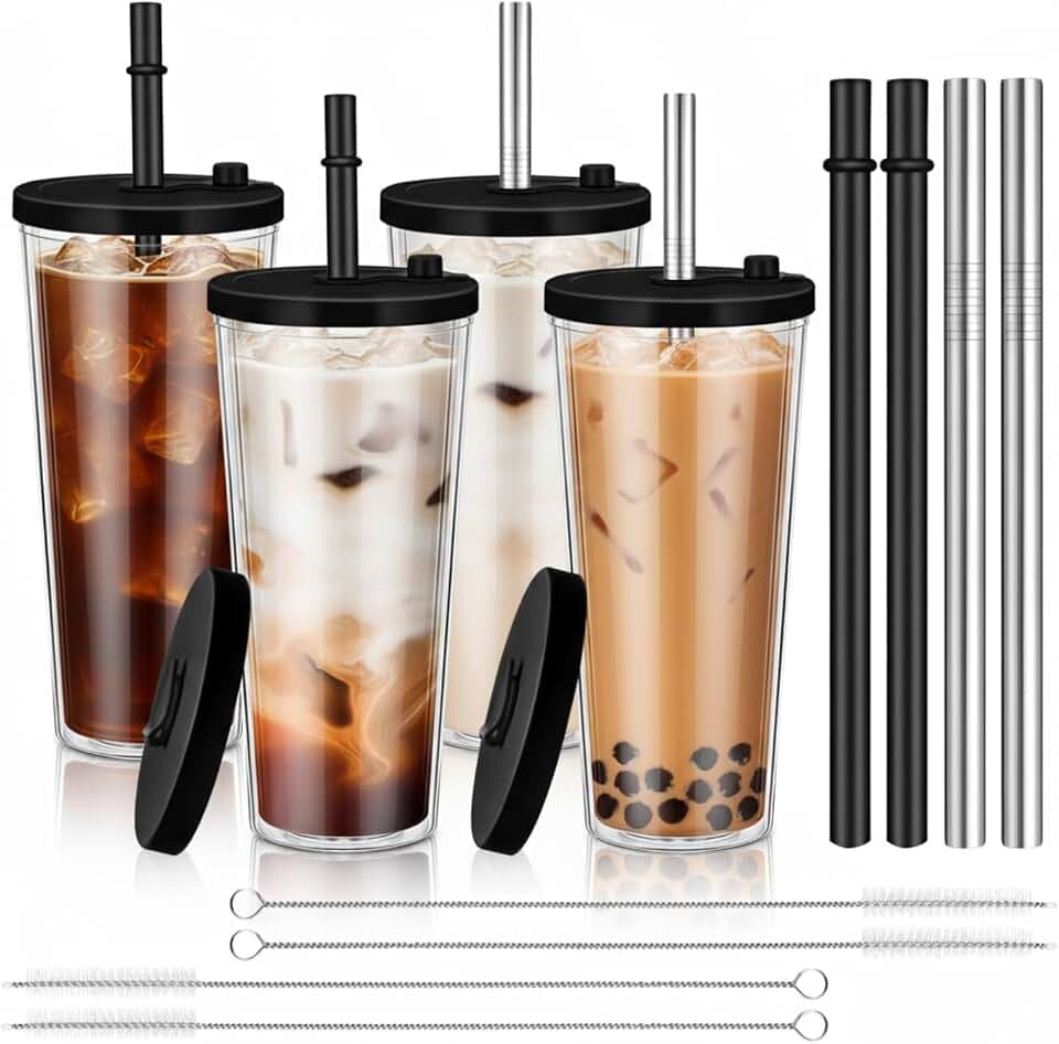 Honeydak 4 Pack 24 oz Reusable Iced Coffee Cups with Lids and Straws Leakproof Double Wall Insulated Clear Plastic Iced Coffee Tumblers with Straw Brushes