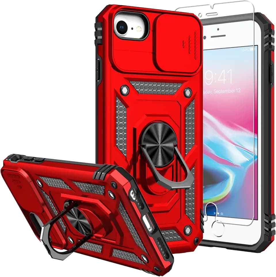 for iPhone SE/2022/3rd/2020/8/7 Case,with Screen Protector and Camera Cover,[Military Grade] 16ft.Drop Tested Cover with Magnetic Kickstand Protective Case for iPhone 8, Red