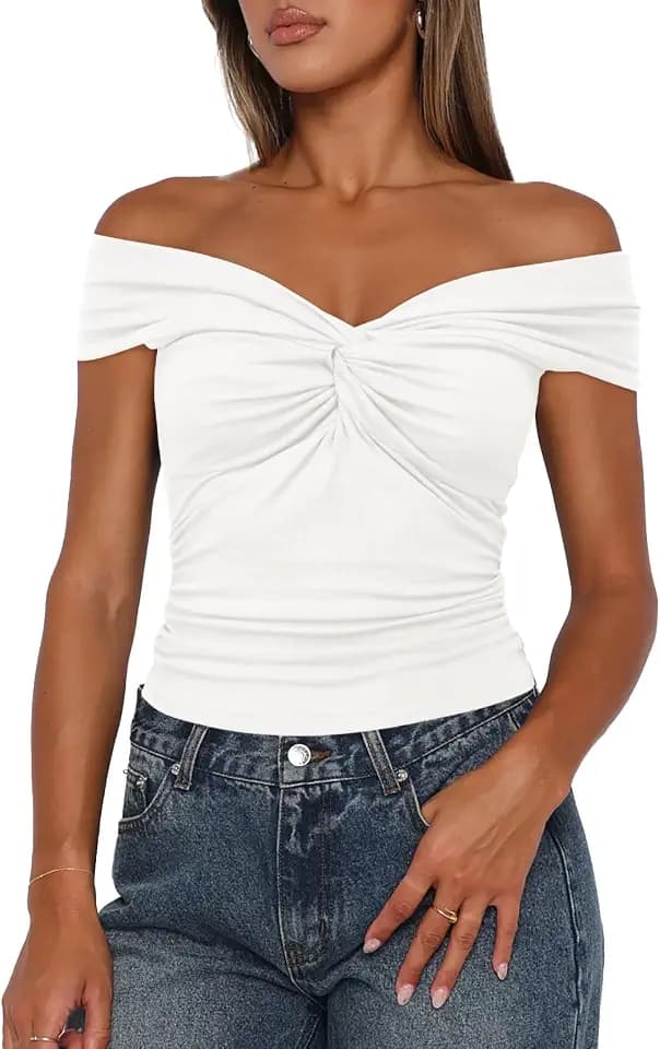 Darong Womens Off The Shoulder T Shirt Front Knotted V-Neck Blouse