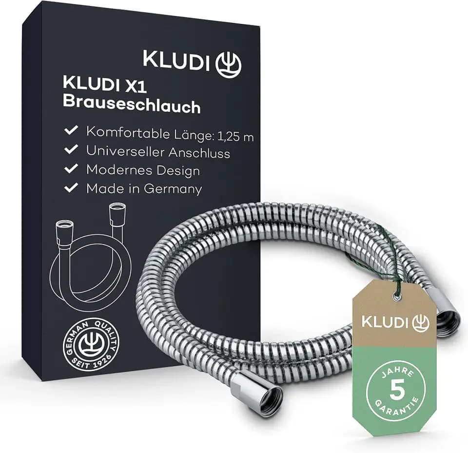 KLUDI-X1 Universal Duschschlauch 1,25 m, flexibler Brauseschlauch, knickfest, Standard Anschluss G1/2, kunststoffummantelt mit Metalleffekt, MADE IN GERMANY