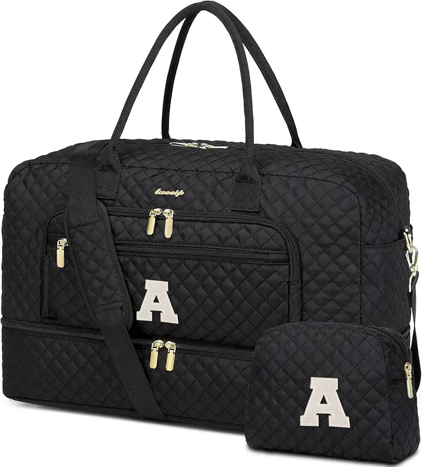 Initial Travel Duffle Bag for Women - Black Personalized Weekender Bags Overnight Bag with Shoe Compartment & Wet Pocket Weekend Tote Bags with Toiletry Bag Monogram Gifts (Letter A)