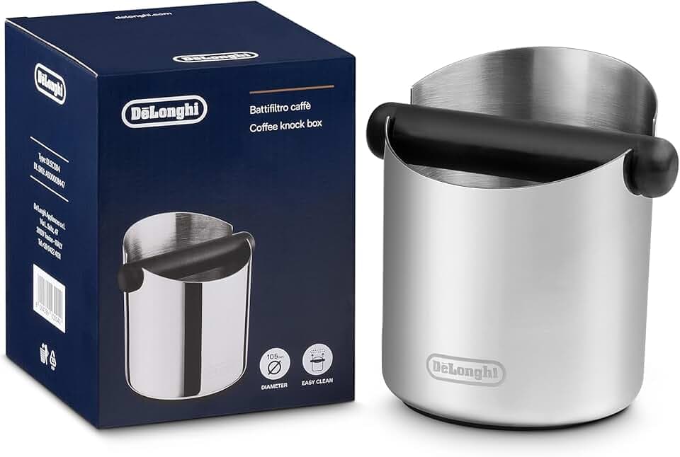 De'Longhi Abklopfbehälter für Siebträger DLSC084, Abschlagbox, Knock Box, hochwertiger Edelstahl, rutschfeste Gummibasis, abnehmbare Schlagleiste, robust & stabil, leicht zu reinigen, Metal