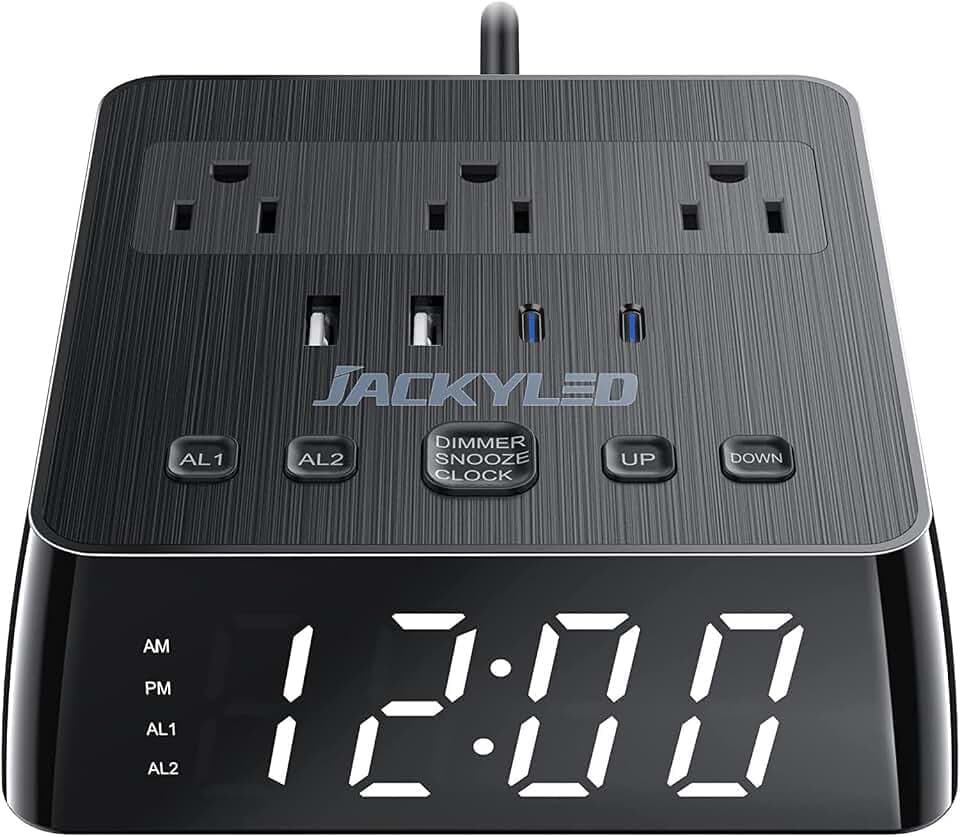 JACKYLED Alarm Clock with 4 USB Chargers, Power Strip 3 Outlets, 1700J