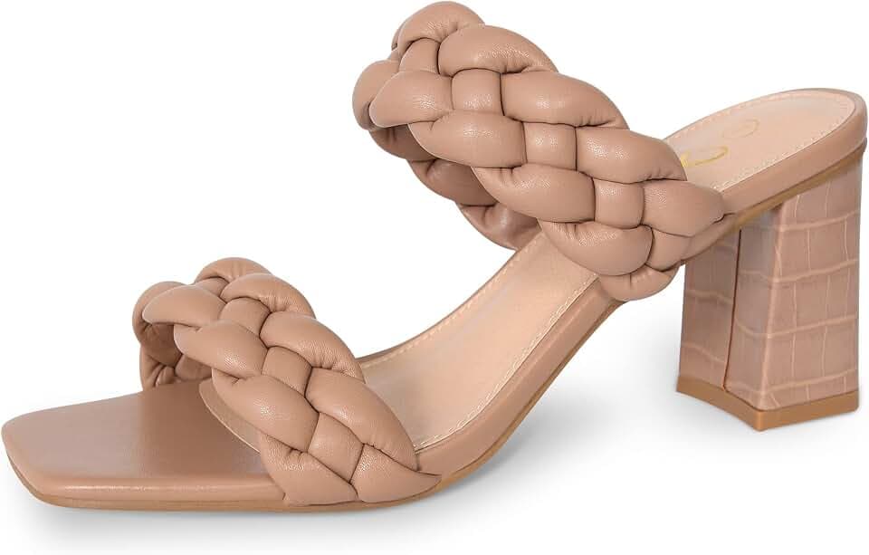 Athlefit Women's Braided Heeled Sandals Summer Square Open Toe Chunky Heels